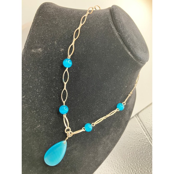 Blue Translucent Beaded Teardrop Pendant Necklace Vintage! - Picture 2 of 5